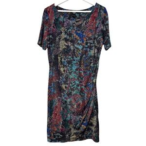 DESIGUAL Short Forest Dress Multi Color Abstract‎ Art Print Ruched Knit Size L